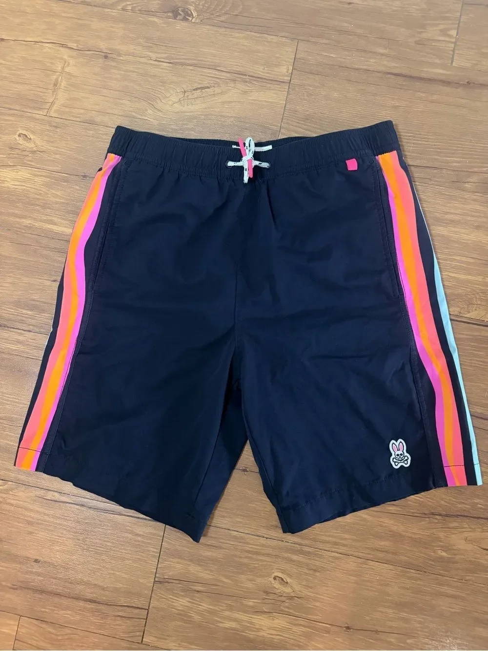 Psycho Bunny Boys Swim Trunks Size 14 16 Black Stripes Liner Swimsuit
